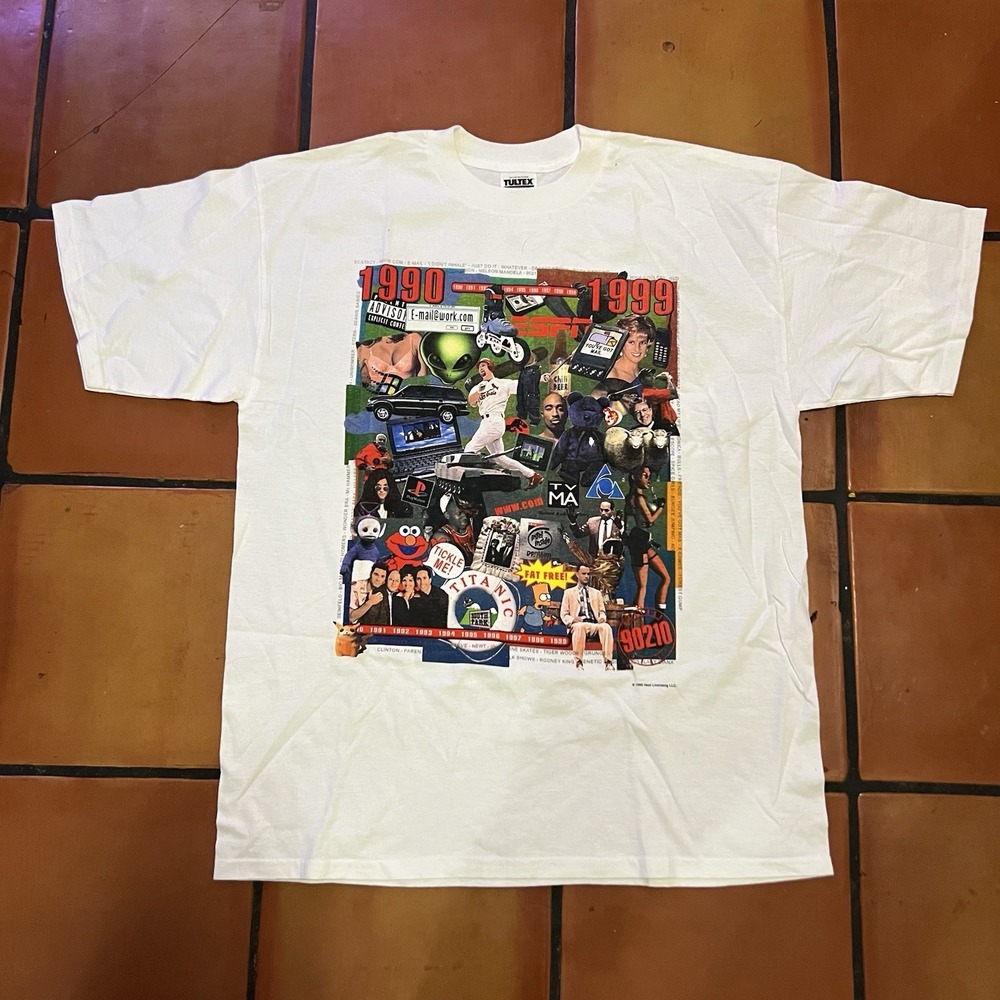 Vintage NWOT 1990-1999 Pop Culture Shirt Mens XL White Collage Graphic 90s 1999